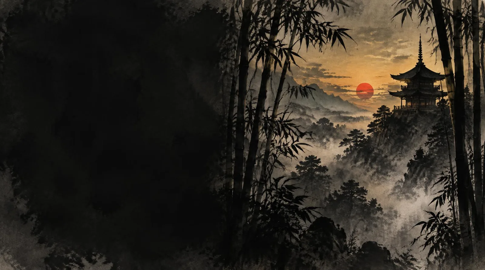 Japanese ink landscape with bamboo and a mountain temple